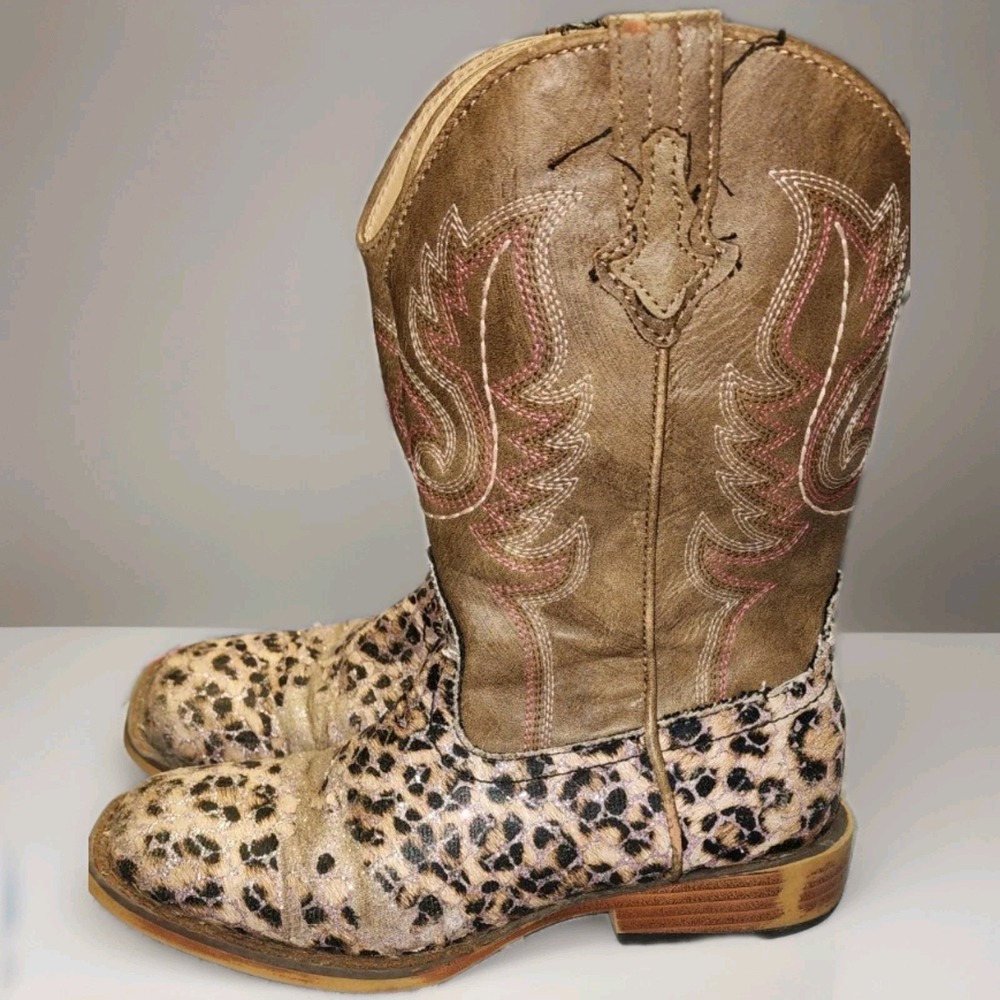 Roper Glitter Leopard Square Toe Cowboy  Youth Girls Brown Casual Boots Size 2